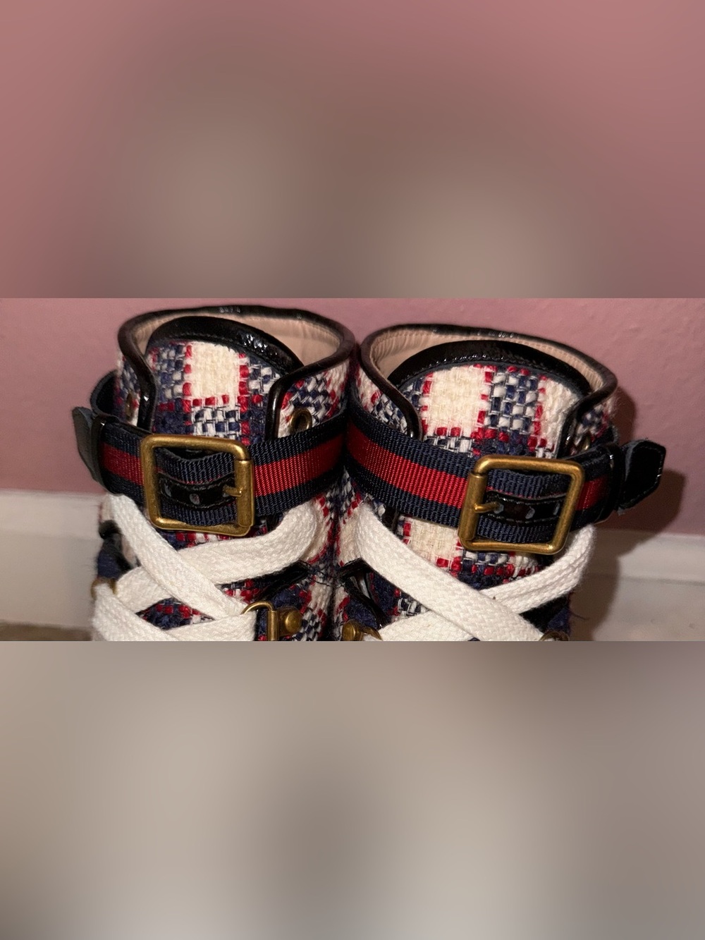 Gucci Sylvie Web Accent Tweed Combat Boots - Picture 7 of 9